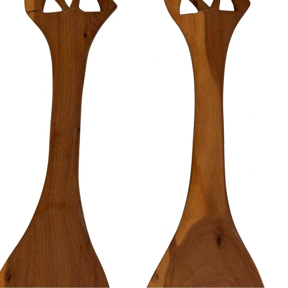 Hand Carved Wood Lions Salad Tongs Serving Fork Spoon Vintage African Animals